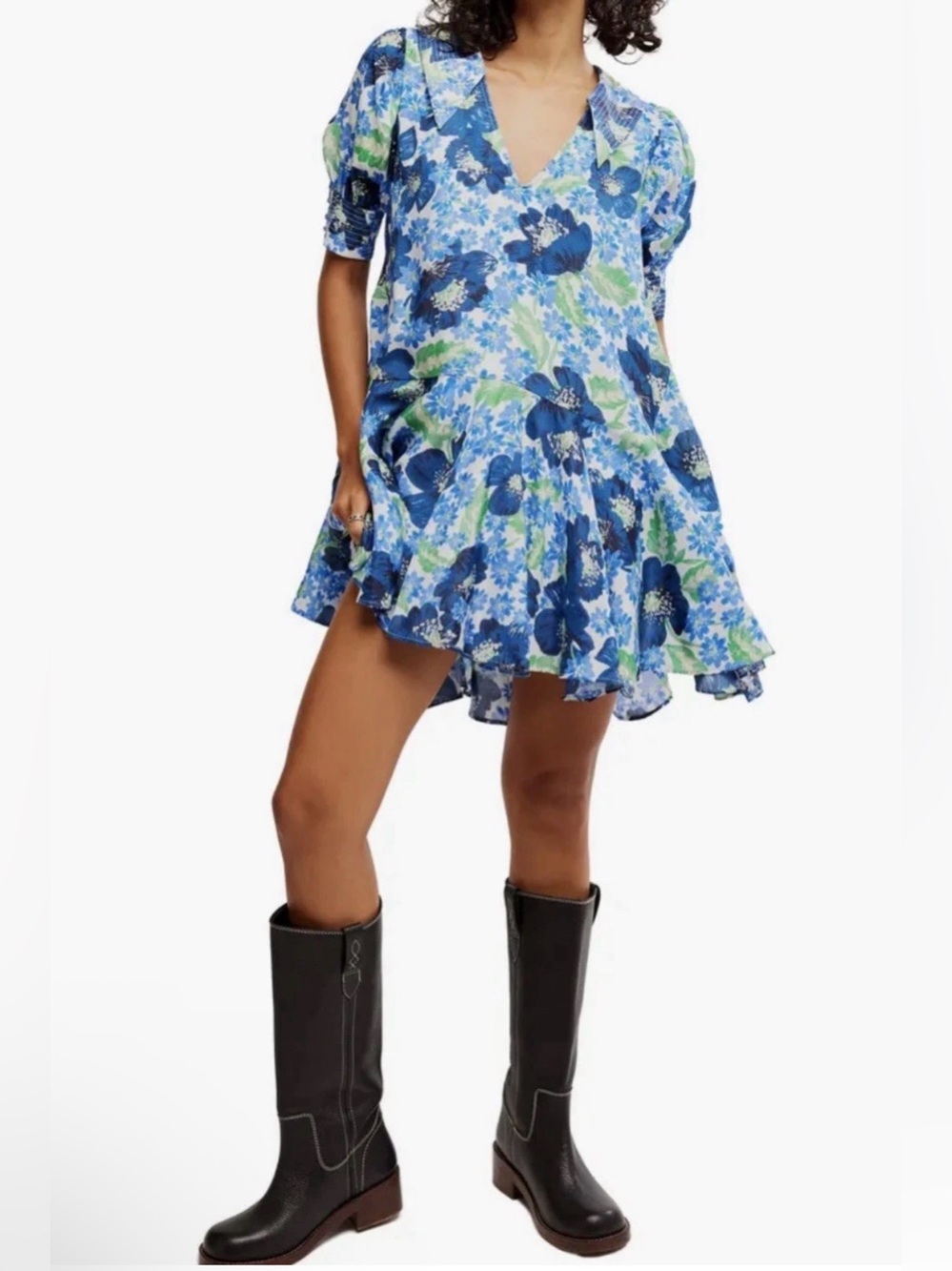 Free People Moon Chaser Tiered Floral Puff Sleeve Collared Shift Minidress XS